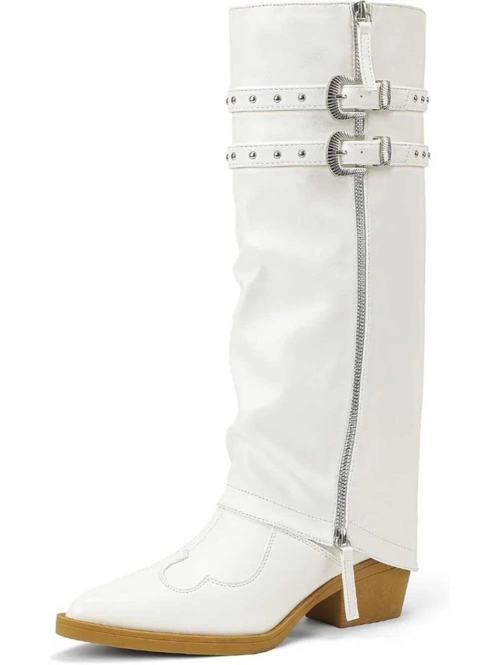 Women's White Manmade Knee High Fold Over Studded Chunky Heel Shark Boots
